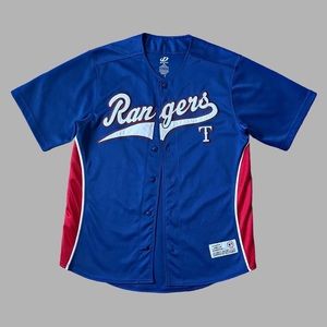 texas rangers mlb button up baseball jersey in red and blue